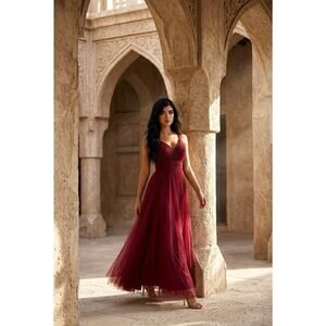 City Studio Emma Pleated Bodice Mesh Overlay Evening Gown In Merlot 14 W